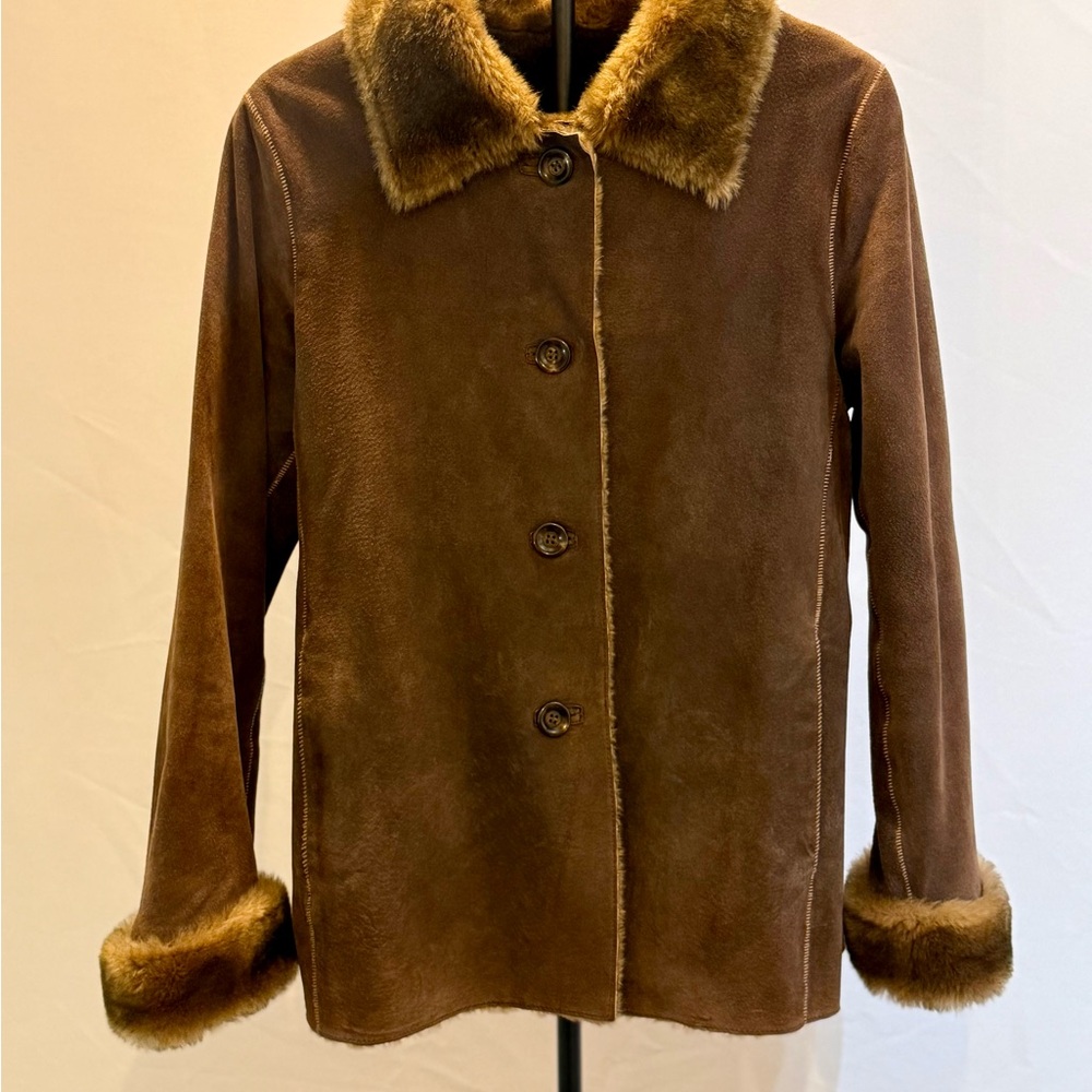 New York & Company Brown Teddy Jacket with Faux Fur Trim